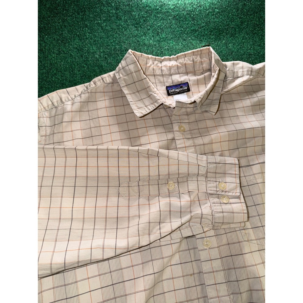 Patagonia Mens Large Organic Cotton Plaid Button Down Shirt Tan Orange L/S